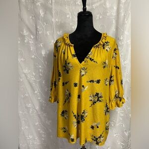 Melloday Top Women’s Sunflower Yellow Floral V-Neck Ruffled Sleeve Pullover 2X